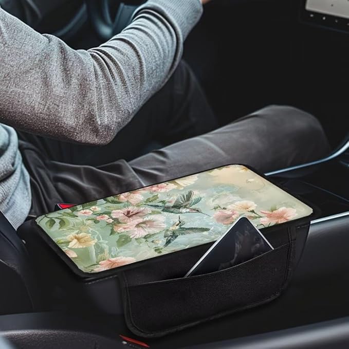Boatee Flower Hummingbird Car Console Cover Arm Rest Mat for Car Armrest Pad Auto Center Console Cushion Car Middle Console Organizer Armrest Cushion Arm Rest Box Pad Stylish Interior Decor Green