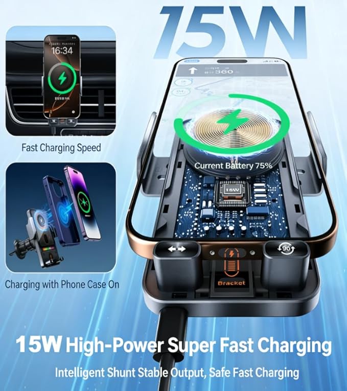 15W Air Vent Wireless Charging Car Phone Mount - Air Vent Magnetic Fast Charge Holder with 90° Rotation, in-Car Navigation Stand