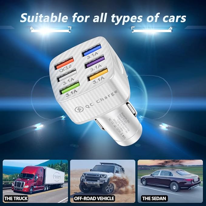 Fast Charging 6 Ports Car Phone Charger Adapter,QC3.0/3.1A Type Smart Shunt Cigarette Lighter USB Charger Compatible with iPhone 14 13 12,S22 S21 S20,iPad Pro& All Mobil Phone (White)