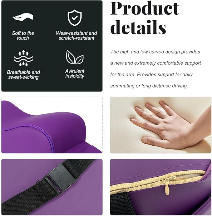 Car Center Console Cover, Soft Memory Foam Auto Arm Rest Pillow with Phone Holder Storage Bag, Waterproof Leather Armrest Seat Box Protector Comfy Cushion Pad for Most Cars (Purple)