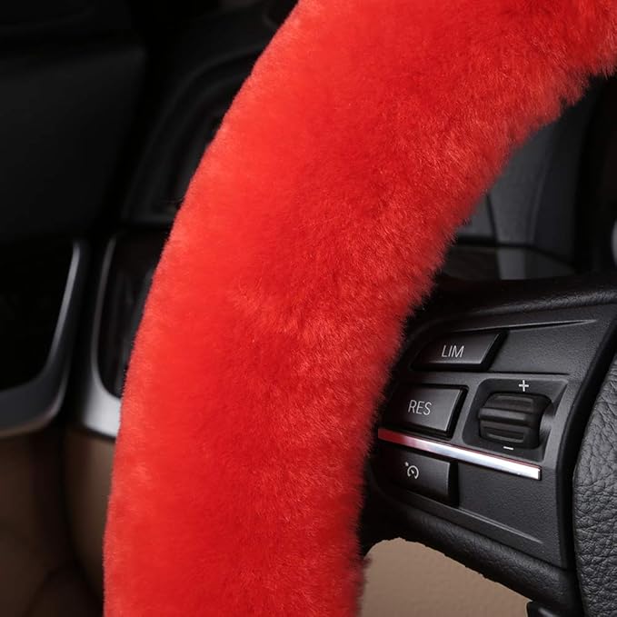 Plush Fuzzy Wool Sheepskin Car Steering Wheel Cover for Girls Women, Protector Universal Car Auto Steering Wheel 14 1/2-15 1/2inchs (Tangerine)