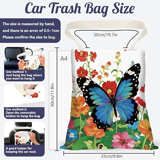 Butterfly Flower Field Print Car Trash Bag Portable Hanging Garbage Bag with Snap Buttons Back Seat Rubbish Storage Dustbin for Women Man Car Interior Accessories Kitchen Home Travel