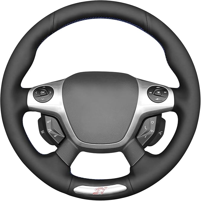 MEWANT Hand Stitch Steering Wheel Cover Fit for Ford Focus ST 2013 2014 Custom DIY Hand Sewn Black Genuine Leather Steering Wheel Wrap Interior Accessories