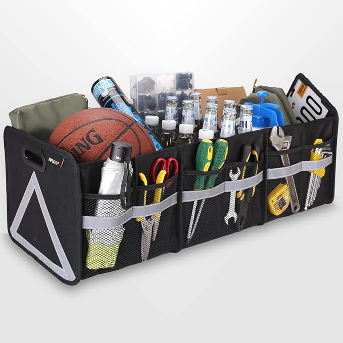 INFUOAP Trunk Organizer for SUV, 65L Large Universal trunk organizers for car with Multi Pockets, Foldable Heavy Duty Collapsible Trunk Storage Organizer with Reflective Stripe