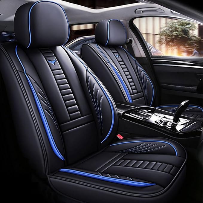 Niscarda Full Coverage 5 Car Seat Covers for Volkswagen Taos 2022-2024, Non-Slip Front and Rear Split Bench Seat Cushion Waterproof Seat Cover Accessories (Black and Blue, Full Set)