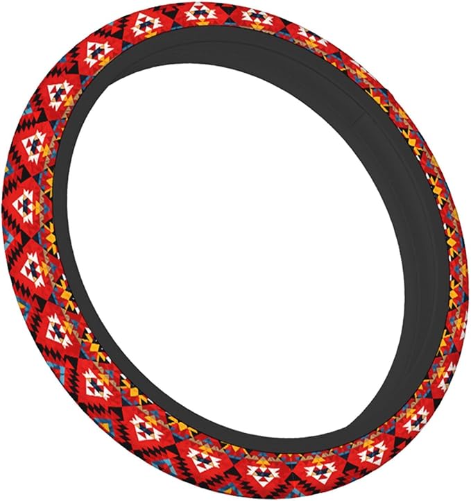 Swono Geometric Red Universal 15" Steering Wheel Covers Traditional Ethnic Tribal Colorful Geometric Pattern Cute Car Steering Wheel Cover for Men Women Girls Car Accessories
