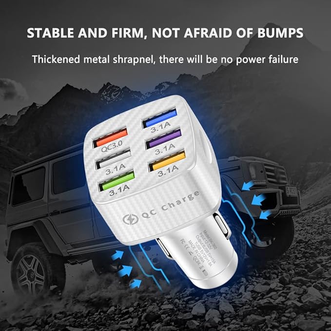 Fast Charging 6 Ports Car Phone Charger Adapter,QC3.0/3.1A Type Smart Shunt Cigarette Lighter USB Charger Compatible with iPhone 14 13 12,S22 S21 S20,iPad Pro& All Mobil Phone (White)