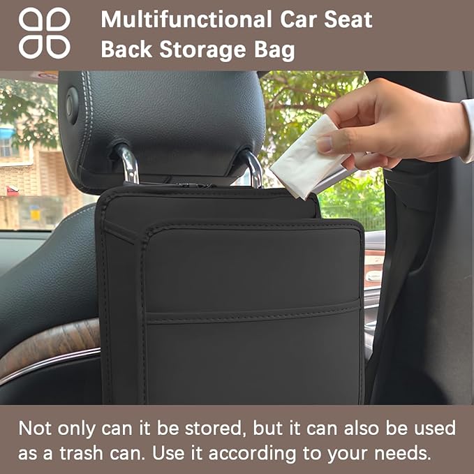 Car Seat Back Organizer, Leather Multipurpose Hanging Vehicle Backseat Headrest Storage Bag, Automotive Pouch Pocket Organizer for Kids & Adults, Universal for Truck SUV Sedan (Black)