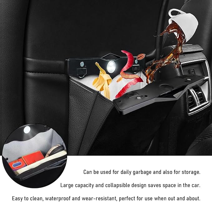Hanging Car Trash Bag, Foldable Magnetic Garbage Can with Smart LED for Front Back Seat, Multi-Functional Waterproof Leather Rubbish Bag Storage Pocket, Car Accessories (Black)