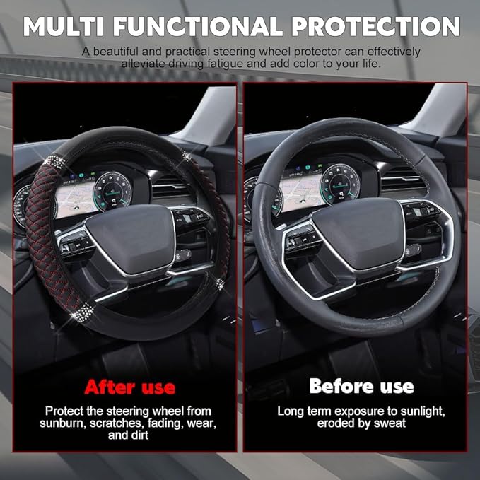 Car Steering Wheel Cover, Steering Wheel Accessories, Breathable Microfiber Leather Auto Wheels Protector, Universal 15 Inch Anti-Slip Protector for SUV Sedan Truck (Bling-Black&Red)