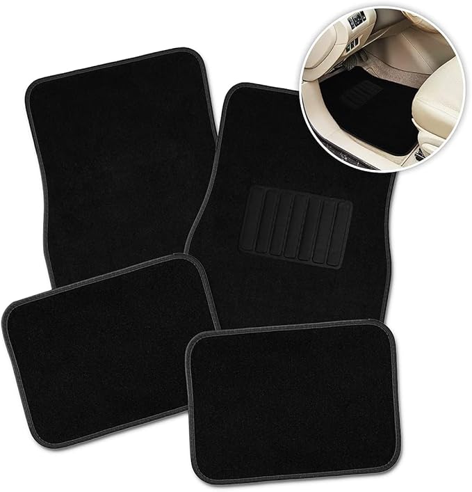 Zone Tech All Weather Carpet Vehicle Floor Mats- 4-Piece Black Premium Quality Carpeted Floor Liners Plus Vinyl Heel Pad for Additional Protection - Driver Seat, Passenger Seat and Rear