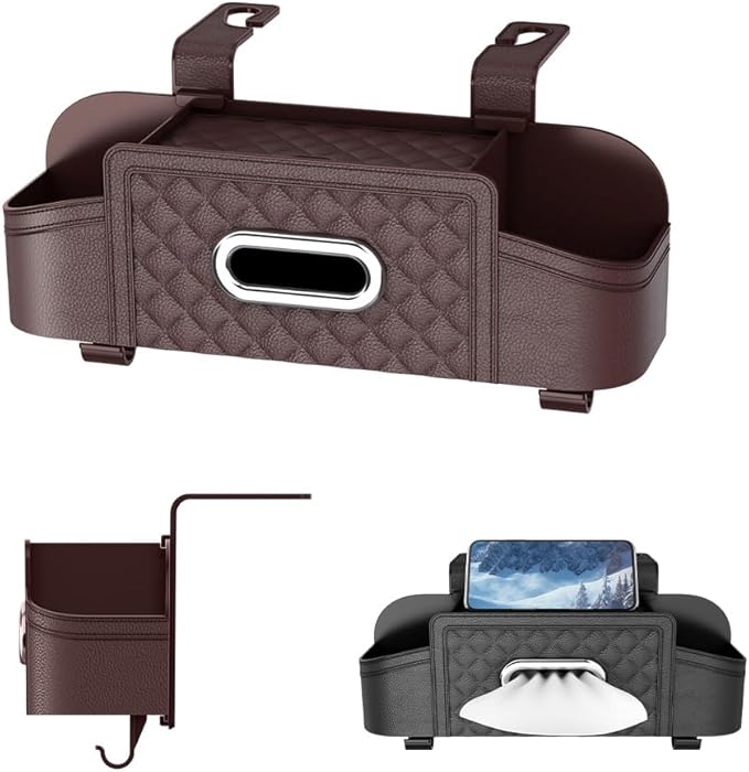 3-in-1 Car Backseat Organizer with Cup Holder Tissue Box and Hooks, Multifunctional Car Seat Back Storage Box, Car Organizers and Storage Box for Travel SUV Sedan Truck Car Accessories (Brown)