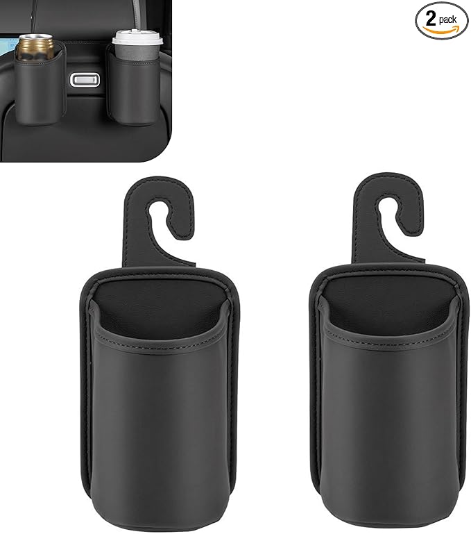 2PCS Car Headrest Cup Holder for Back Seat, PU Leather Premium Storage Accessory, Multi-Functional Anti-Spill Cup Storage Box with Hooks for Bags, Universal for Most Cars (Black)