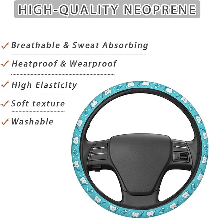 FeHuew Cute Teeth Blue Pattern Steering Wheel Cover for Women, Girls 15 inch Universal Auto Car Anti Slip Wrap Steering Wheel Covers Fit for Vehicles, Truck, SUV