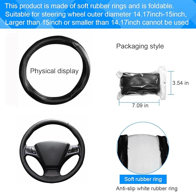 Car Steering Wheel Cover, 15 Inch Non-Slip Leather Full Surround Steering Wheel Guard with Inner Ring, Automotive Interior Protective Accessories, Compatible with Most Vehicle (Black/Red)