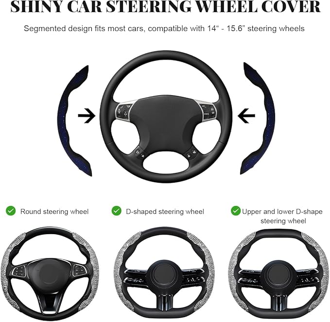 2 PCS Steering Wheel Cover, Segmented Car Wheel Covers with Crystal Rhinestones, Non-Slip Protector Bling Sparkly Decoration for Most Steering Wheels, Car Accessories (Blue)