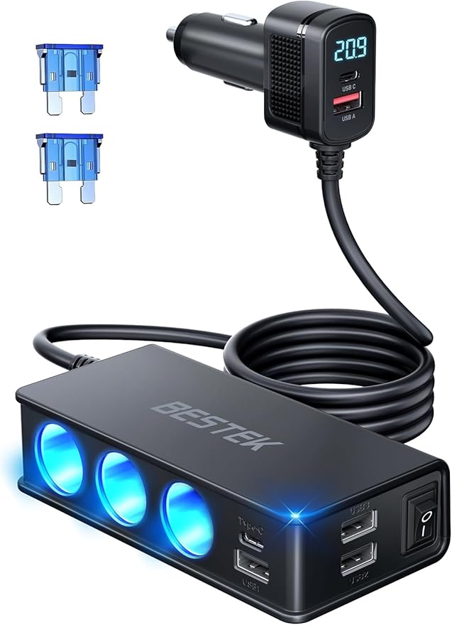 BESTEK 9 in 1 Cigarette Lighter Splitter,148W 3-Socket Multi Port Outlet Car Charger PD30W and 4 USB-A QC3.0 18W with LED Display 12V/24V Vehicle Super Fast Adapter for GPS, Dash Cam, iPhone, Car