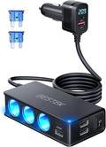 BESTEK 9 in 1 Cigarette Lighter Splitter,148W 3-Socket Multi Port Outlet Car Charger PD30W and 4 USB-A QC3.0 18W with LED Display 12V/24V Vehicle Super Fast Adapter for GPS, Dash Cam, iPhone, Car