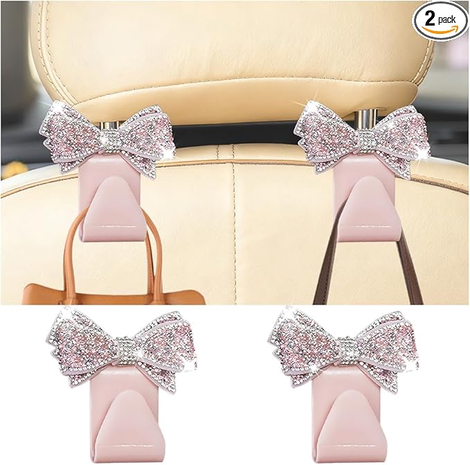 2PCS Bling Bow Car Seat Headrest Hook, Lovely Crystal Rhinestone Back Seat Storage Organizer for Handbag Purse Coat, Girly Sparkling Diamond Backseat Bag Hanger Holder, Universal Fit (Pink)
