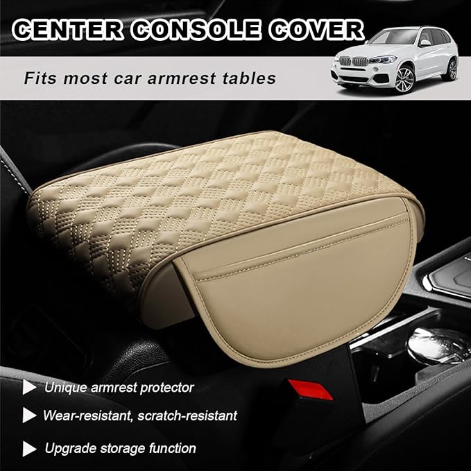 Car Center Console Cover, 12.6"×8.7" Waterproof Leather Auto Armrest Box Protector Elbow Pillow with Storage Pocket, Comfortable Memory Foam Arm Rest Box Cushion Pad, Car Accessories (Beige)