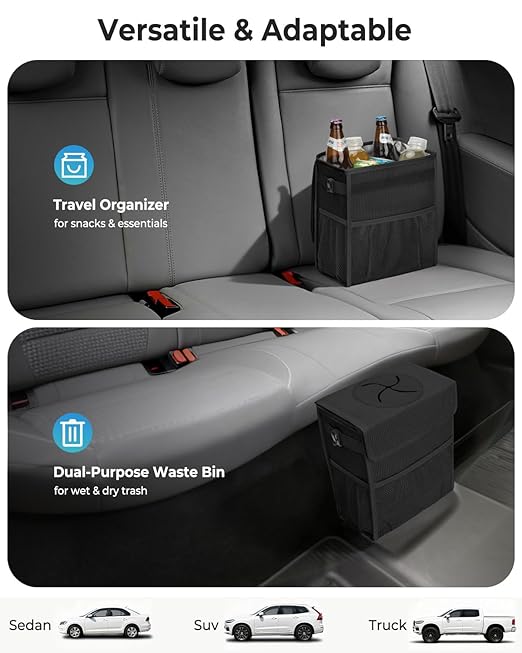 HORJONES Corduroy Car Trash Can with Lid and Mesh Pockets - Leakproof Organizer,Multipurpose Waterproof Garbage Can/Trash Bin for Car(Black-2 Gallons)