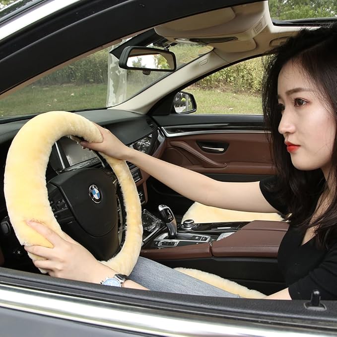 Plush Fuzzy Fluffy Wool Sheepskin Car Steering Wheel Cover for Girls Women Cozy Universal Soft Car Auto 14 1/2-15 1/2inchs (Golden Yellow)