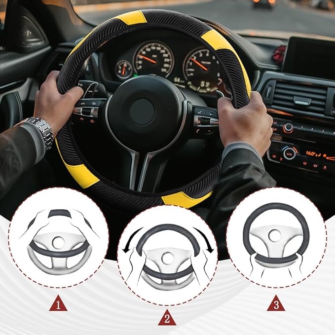 Car Steering Wheel Cover, Steering Wheel Protector, Universal 14.5-15 Inch Microfiber Leather Breathable Auto Steering Wheel Covers, Carbon Fiber Steering Wheel Cover for Women Men (Yellow)