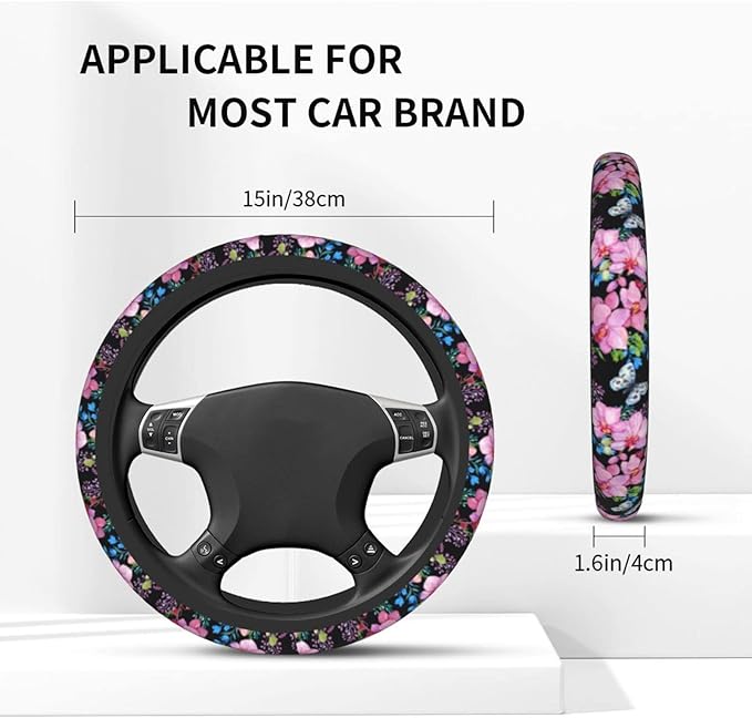Beautiful Butterfly Steering Wheel Cover for Women Men with 2 Pcs Car Coasters, Universal 14.5-15 Inch Flowers Steering Wheel Covers Non-Slip Car Accessories for Girls
