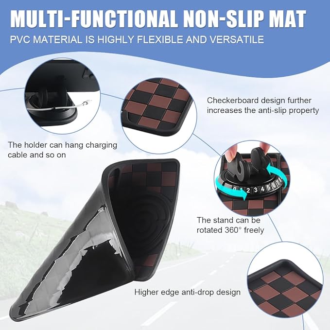 NHHEO Car Anti Slip Mat Dashboard Tray Decorations Sticky Pad Thicken Washable with 360° Rotating Universal Phone Pad Holder+Number Plate for GPS Aromatherapy Sunglasses Key(Black&Brown)
