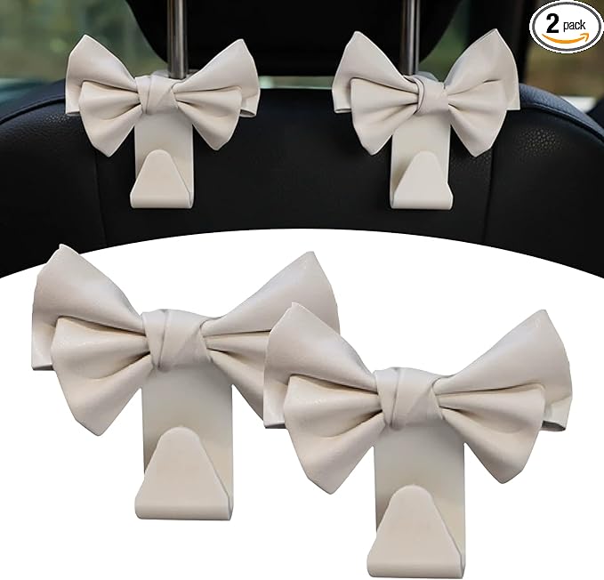 2 Pack Car Seat Headrest Hooks, Cute Bow Design Backseat Hook Storage Organizer for Purses, Handbags, Coats, Umbrellas, Cute Car Accessories for Women and Girls (White Leather)