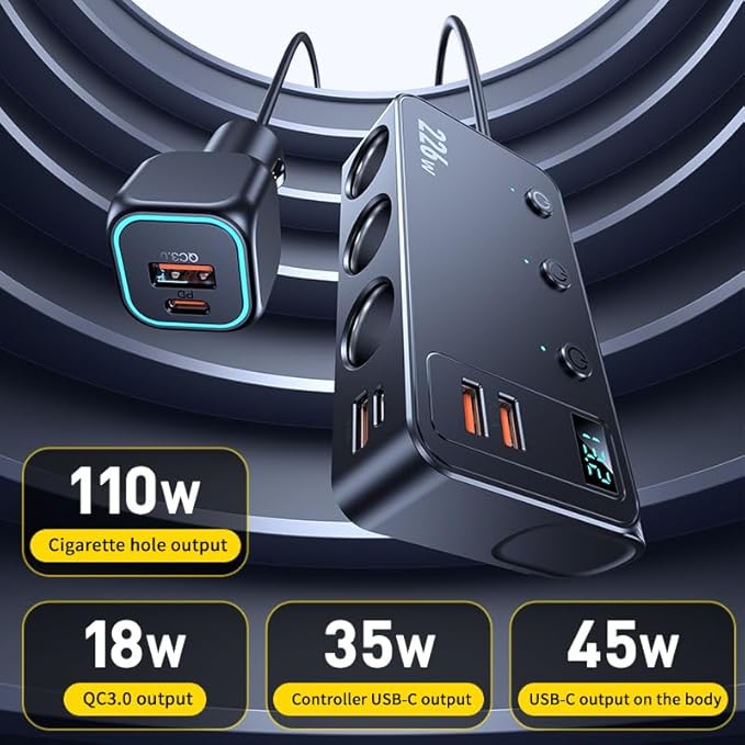 226W Car Charger Cigarette Lighter Splitter, 9-in-1 Multi-Port Car Power Adapter with 3 Sockets, Dual PD USB-C, 4 USB Ports, LED Voltmeter, Fast Charging for 12V–24V Vehicles
