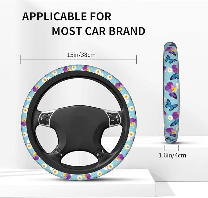 Blue Butterfly Steering Wheel Cover for Women Men with 2 Pcs Car Coasters, Universal 14.5-15 Inch Cute Steering Wheel Covers Non-Slip Car Accessories for Girls