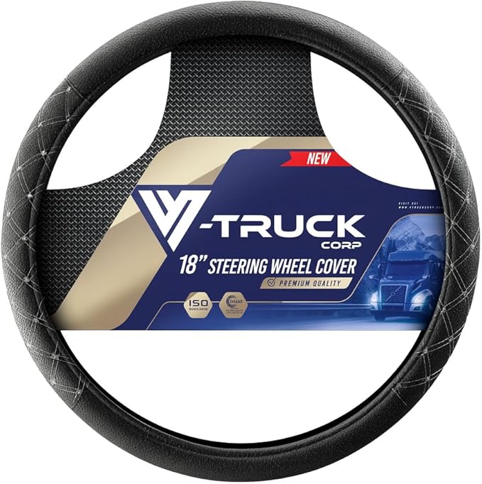 Steering Wheel Cover 18 inch Size Faux Leather Semi Truck, BLACK WITH GREY STITCHING