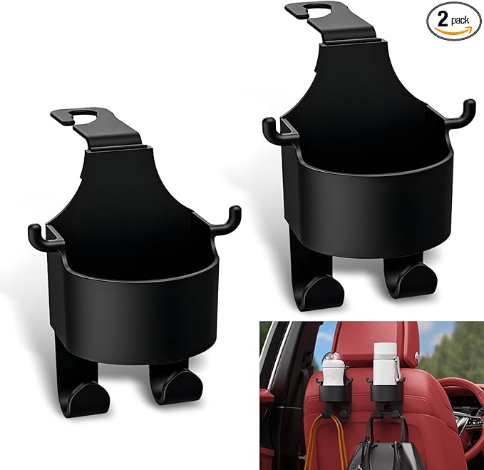 Eratus 2 PCS Car Seat Headrest Organizer, 3-in-1 Cup Holder Cell Phone Bracket Hanging Storage Hooks, Portable and Hands Free Multi-Function Hook, for Most Cars Backseat Accessories (Black)