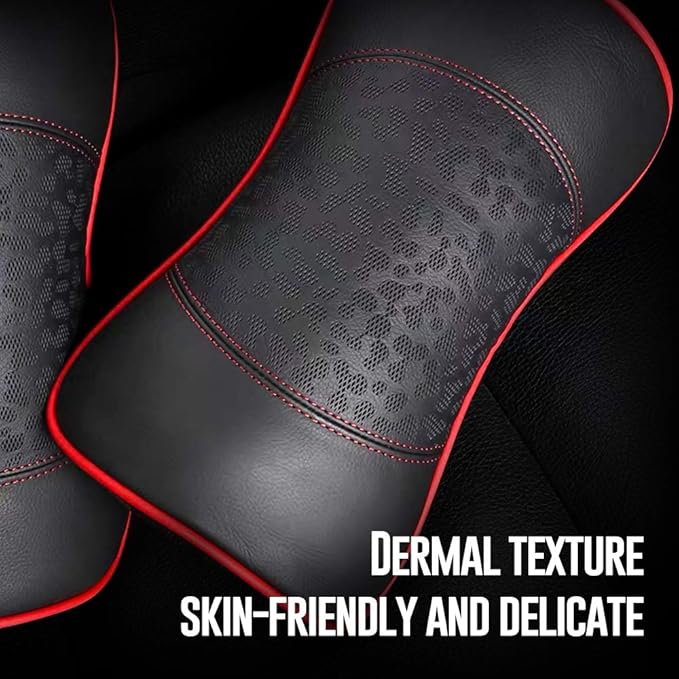HAOTULE Car Leather Neck Pillows, Neck Rest Cushions,100% Memory Foam Cervical Support, Comfortable Travel car Seats and Home Office Soft Pillows, Red a Set (2 pcs)