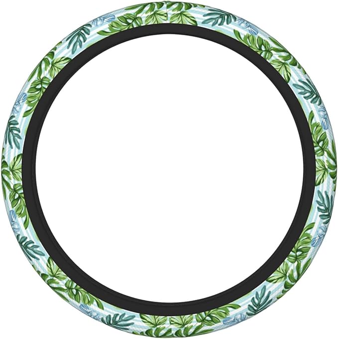 Tropical Leaves Stripes Steering Wheel Cover for Women Men Girls, Car Accessories Decor Thickened Anti-Slip Auto Steering Wheel Covers Protector Universal Fit 15 Inch for Cars, Truck, SUV