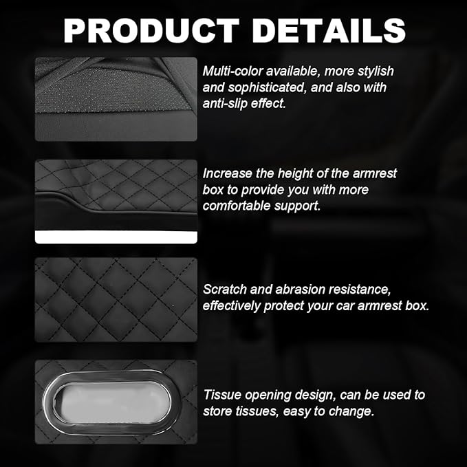 Car Center Console Cushion Pad, Comfy Leather Foam Car Armrest Console with Tissue Box, Universal Waterproof Car Armrest Cover with Height Increase, Car Armrest Accessories (Black)