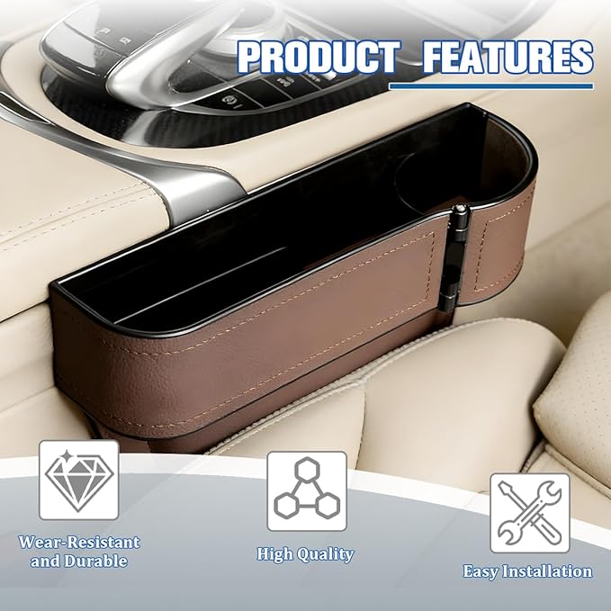 Car Seat Gap Filler Organizer with Cup Holder Expander, Leather Console Seam Filler Storage Box, Auto Front Seat Gap Organizer for Phones Keys Glasses, Universal Fit (Brown Passenger)