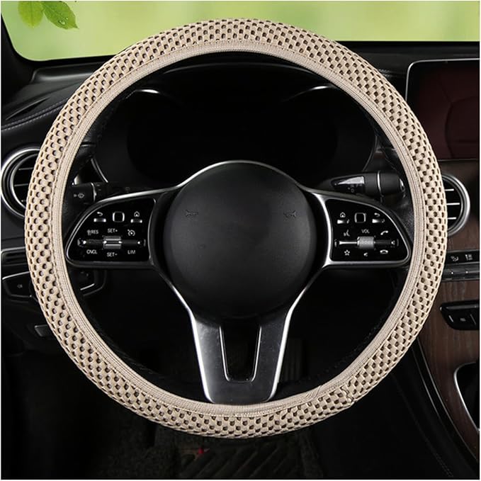 Stretch Elastic Steering Wheel Cover, All-Season Comfort, Warm in Winter & Cool in Summer, Universal 15 Inch Microfiber Breathable Ice Silk, Anti-Slip, Odorless, Easy Carry, Fit Car, SUV (Beige)