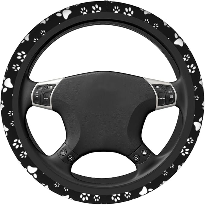 Black and White Dog Cat Paw Print Steering Wheel Cover for Women Men with 2 Pcs Car Coasters, 15 Inches Neoprene Anti-Slip Cute Universal Car Accessories Protective Cover for Vehicle