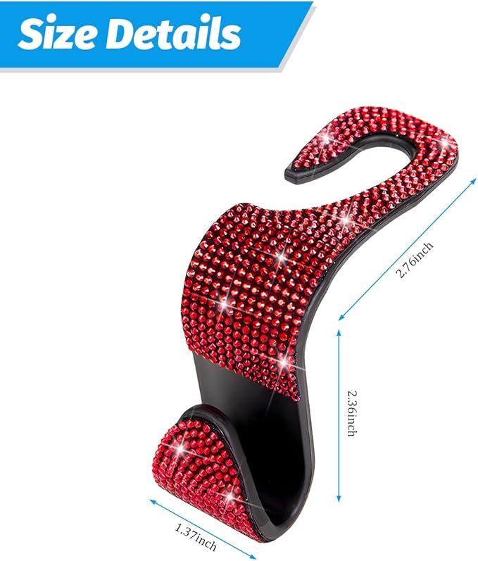4PCS Bling Car Seat Headrest Hooks, Vehicle Back Seat Purse Handbag Hanging Holder with Crystal Rhinestone, Diamond Storage Organizer Hook, Universal Automotive Accessories (Black/Red)