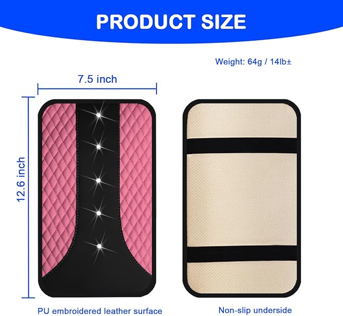 Mandark Bling Leather Car Center Console Cover, Crystal Rhinestone Vehicle Armrest Seat Box Protector, Waterproof Non-Slip Auto Arm Rest Decor Cushion, Universal for SUV, Truck, RV（Pink）