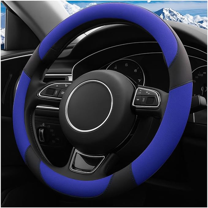 HZEL Car Steering Wheel Cover, 15 Inch PU Leather Breathable Anti-Slip Vehicle Steering Wheel Protecter with Inner Ring, Automotive Interior Accessories, Universal for SUV Sedan Truck (Dark Blue)