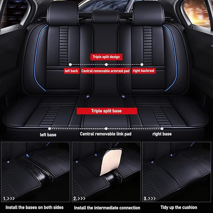 Pengchen Full Set of Universal Fit Automotive Seat Covers fit for Audi 1999-2025 95% Models, Faux Leather Automobile Interior Sets with Headrest & Back Pillow Black & Blue Line
