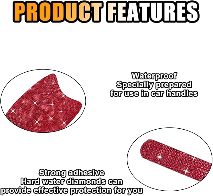 10PCS Bling Car Door Handle Anti-Scratch Sticker, Universal Car Doors Handles Protective Cover, Shiny Rhinestone Auto Decor Accessories for Women (Red)