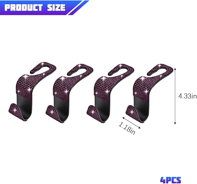 Bling Car Seat Headrest Hooks, 4PCS Crystal Rhinestone Vehicle Back Seat Hanger Holder for Handbags Purses Coats, Automotive Headrest Storage Organizer, Universal for RV SUV Truck (Purple)