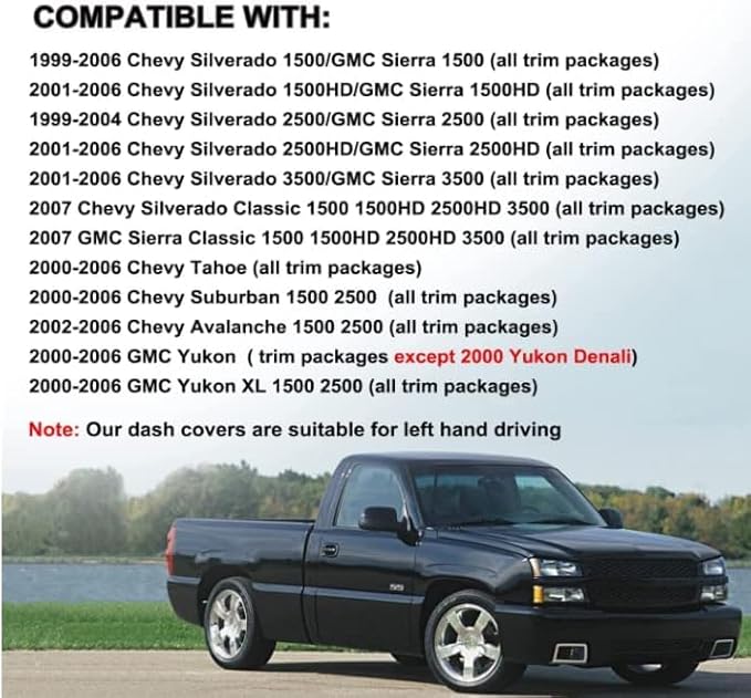 Yiz Dash Cover Mat Pad Custom Fit for 1999-2006 GMC Sierra/Chevy Chevrolet Silverado,2000-2006 GMC Yukon XL/Chevy Suburban Tahoe Avalanche,Dashboard Cover Carpet (99-06 Black) Y55