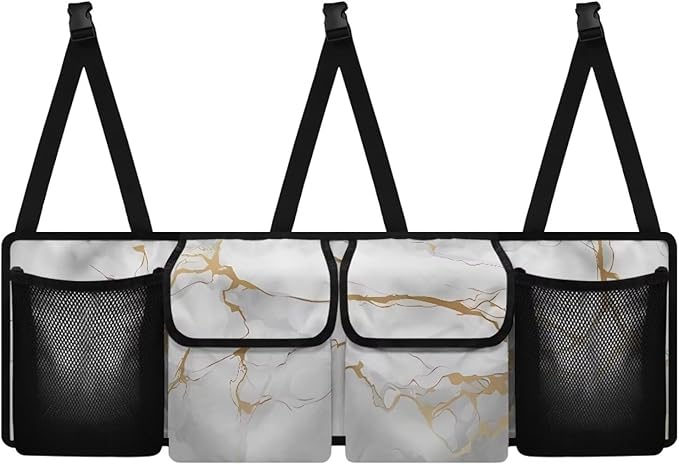 Car Trunk Organizer, White Marble Large Capacity Auto Backseat Hanging Storage Bag with Adjustable Strap & 4 Pockets, Space Saving Car Back Seat Cargo Bag, Car Interior Accessories