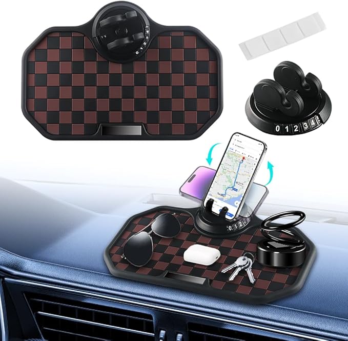 NHHEO Car Anti Slip Mat Dashboard Tray Decorations Sticky Pad Multi Functional Thickened and Widened Washable with 360° Rotating Universal Phone Pad Holder+Number Plate(Black&Brown)