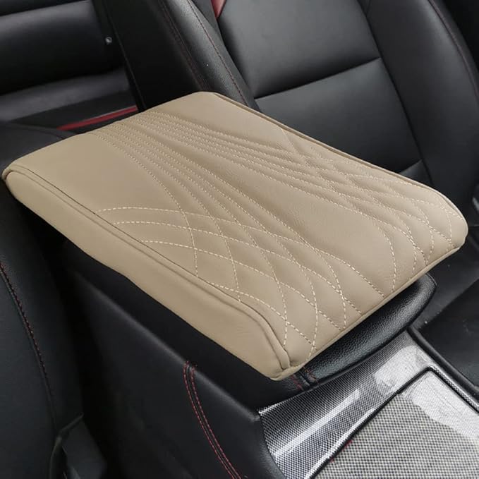 AIIONP Leather Car Armrest Box Pad, Universal Car Center Console Cover Pad, PU Leather Car Armrest Seat Box Cover Protector, Center Console Armrest Pad for SUV, Truck, Car (Beige, Angle Pattern)